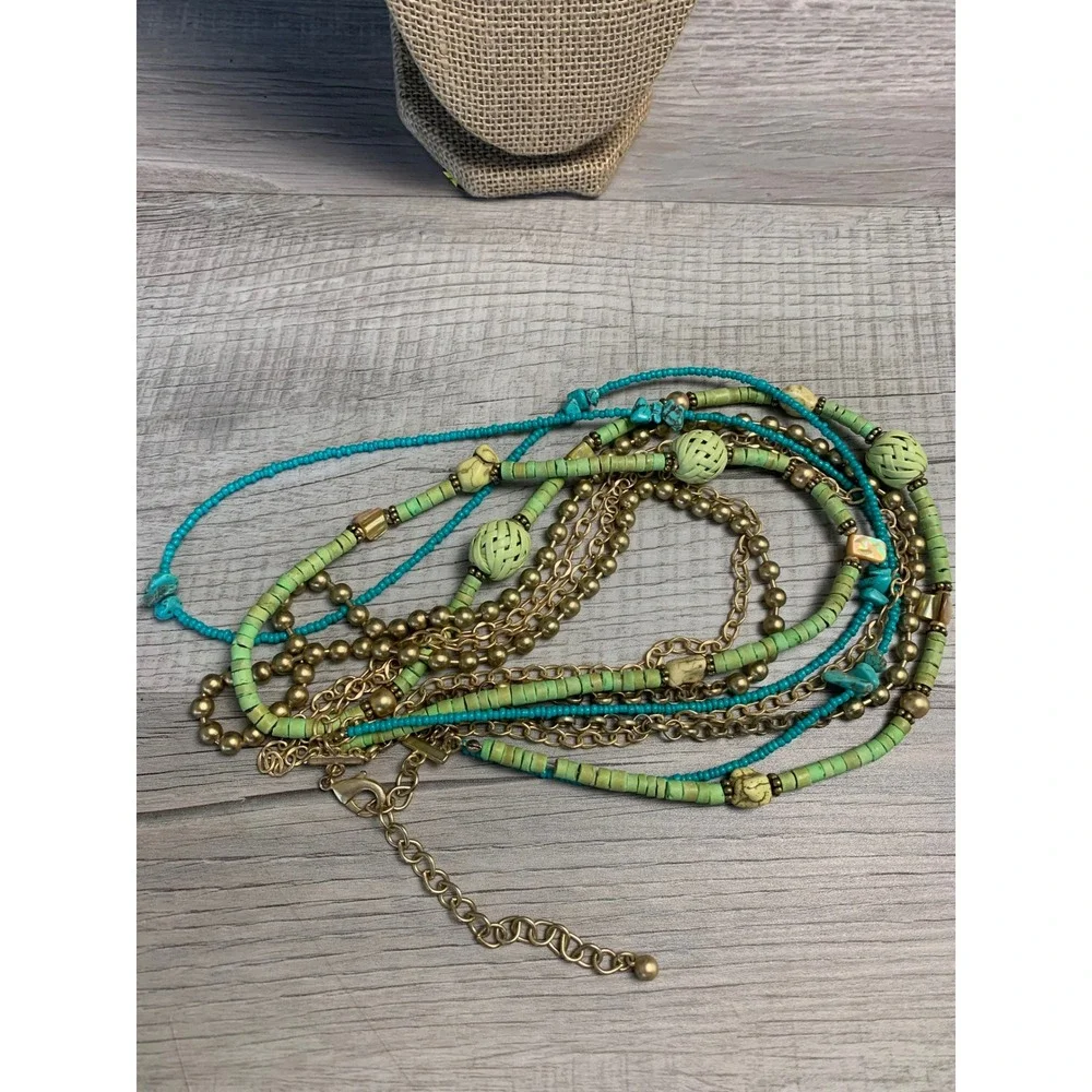 Chicos Multi Strand Beaded Statement Necklace Gold Tone Turquoise Green 36 Inch